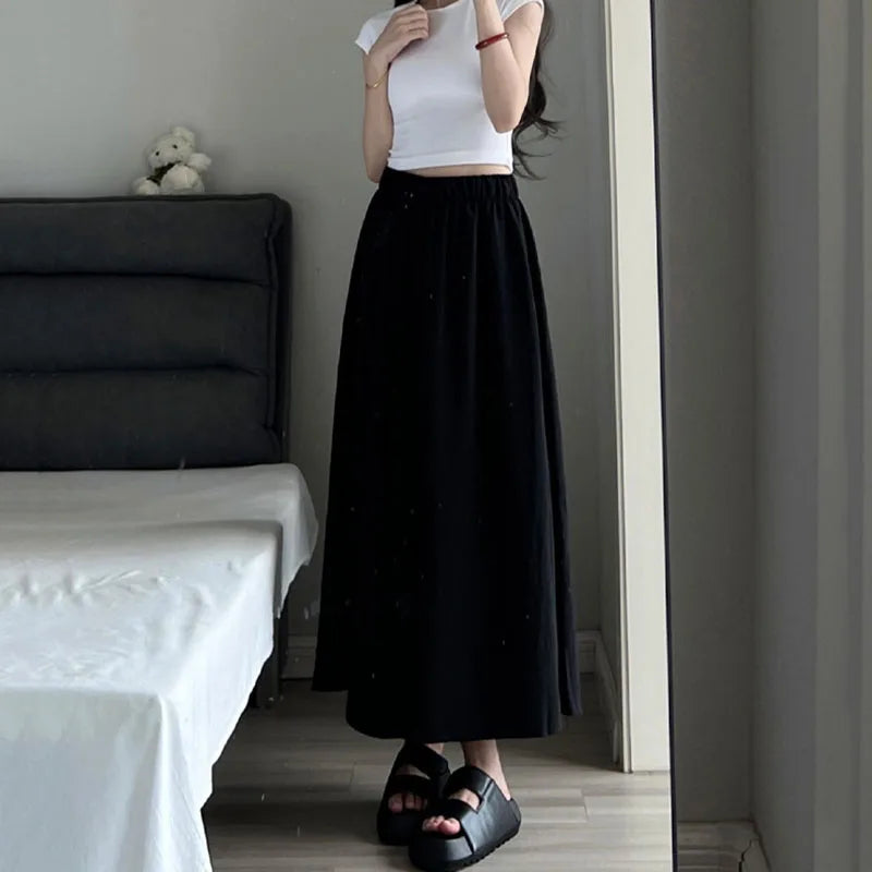 2025 New Women's High Elastic Waist Long Skirts Summer Solid Casual Loose Pleated Maxi Skirt Fashion Streetwear Big Swing Skirts