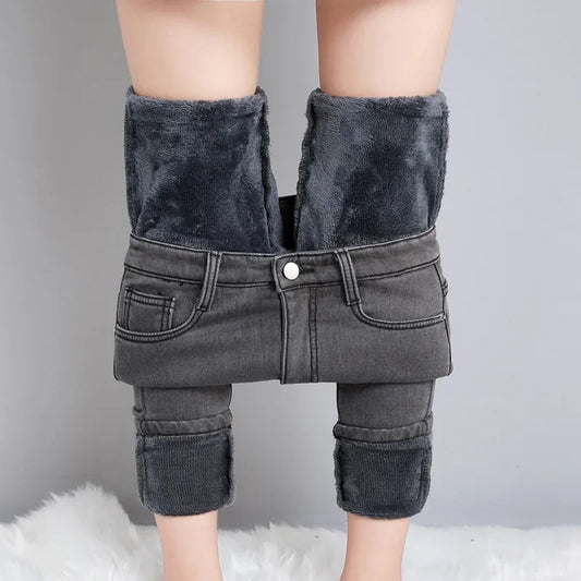 Pure Color Fleece Lined Thickened Slim Fit High Waist Jeans Women's Fashion plus Size Long Pants Tight Bodycon Style