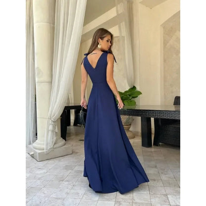 Women's S-2XL size Casual Dress V-neck Sleeveless Suspender Dress Solid Color Waist Tied Slit Fashionable Party Dress