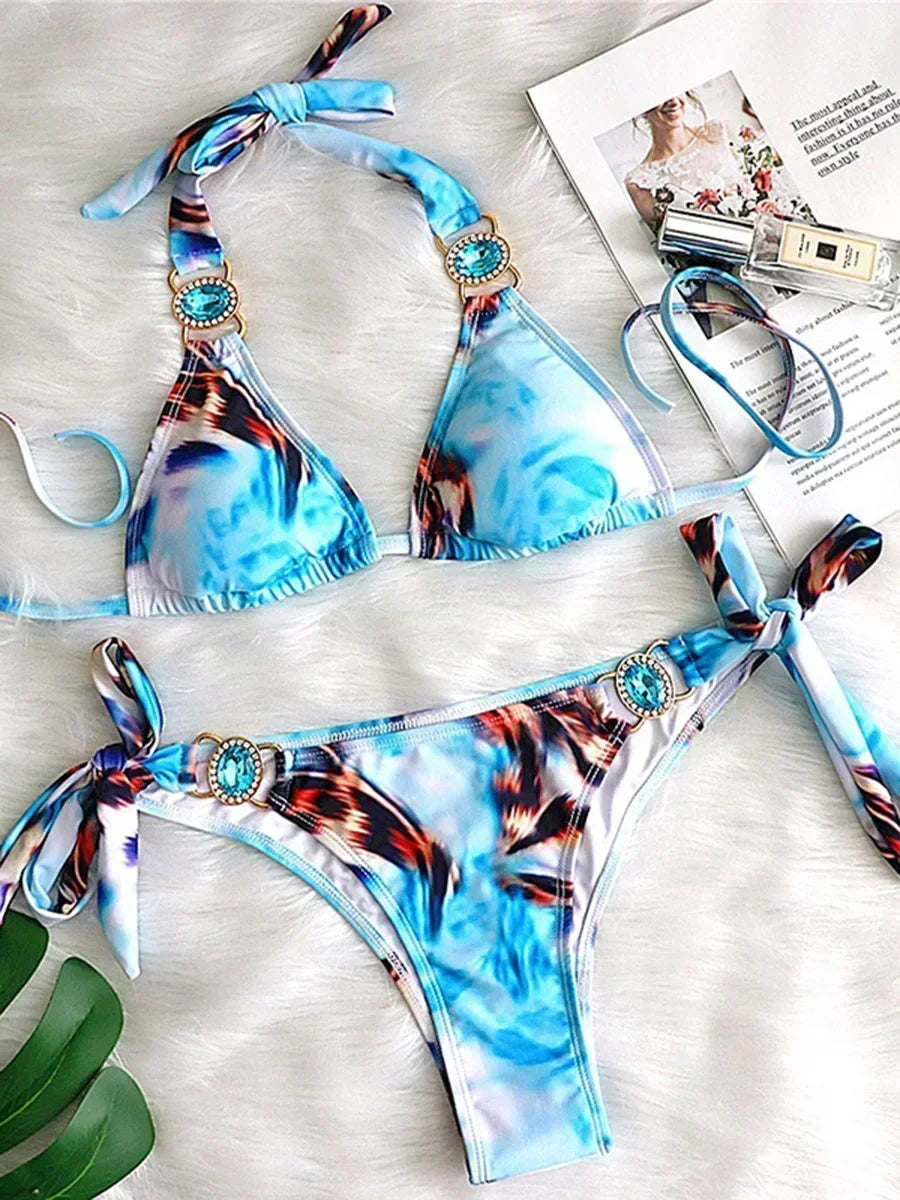 Halter Crystal Rhinestone Diamond Bikini 2025 Female Swimsuit Women Swimwear Two Pieces Bikini set Brazilian Bathing Suit Swim