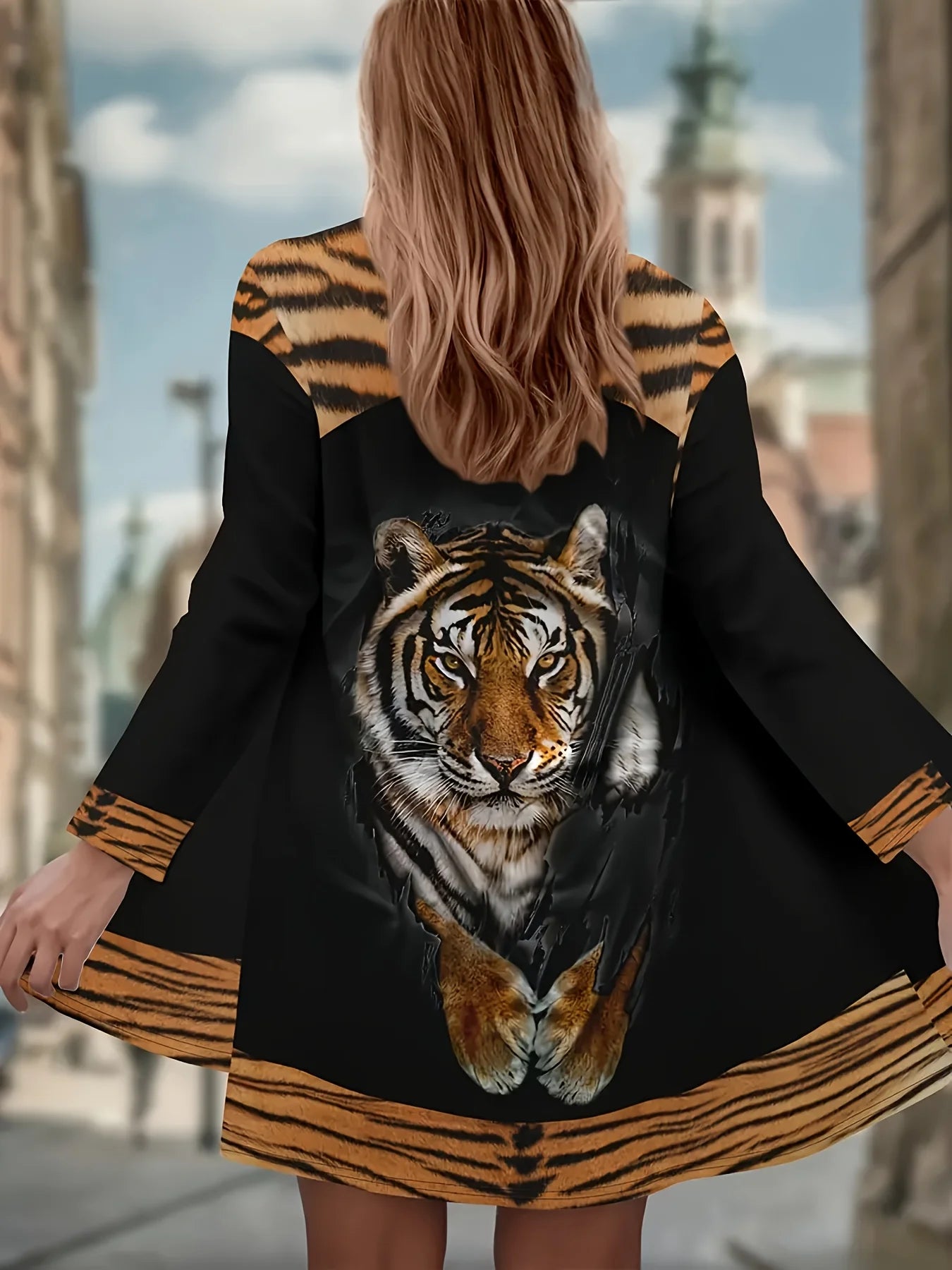 Women's Winter Jacket with 3D Tiger and Lion Animal Prints, Front-Opening Loose Fit Cape, Casual Polyester Women's Clothing