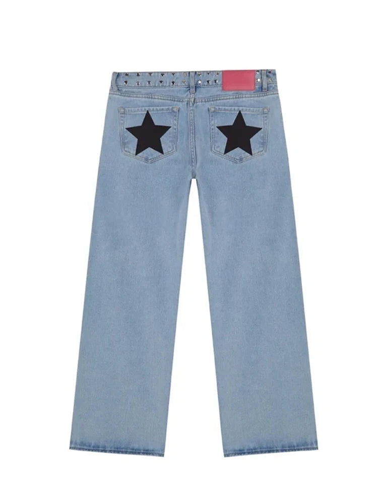 Y2K Vintage Jeans Women High Waisted Denim Pants Five Pointed Star Print Harajuku Street Baggy Casual Straight Leg Trousers