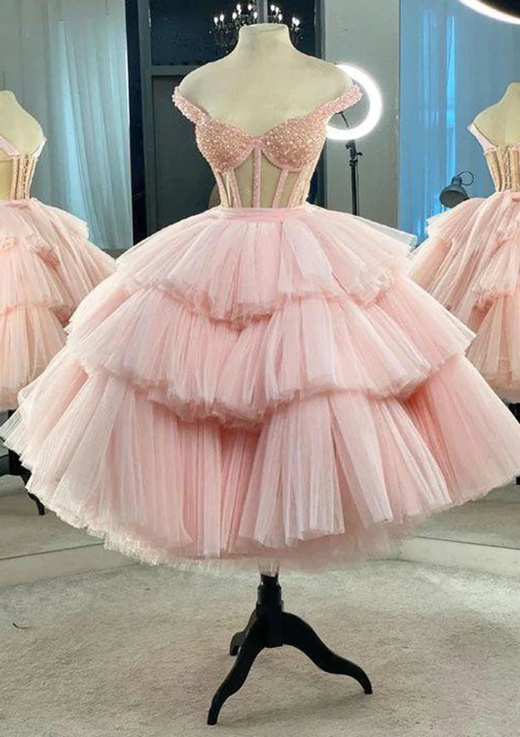 High Quality Tiered Midi Skirts Prom Gown Lush Short Evening Party Skirt Extra Ball Gown Elegant Pink Tulle Tutu Skirt for Women