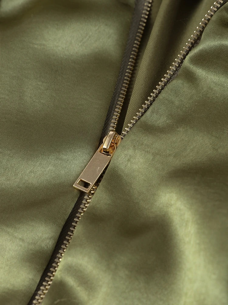Pleated Zipper Green Oversize Jacket Women Long Lantern Sleeve Lapel Folds Elegant 2025 Spring Coat Street Commuter Lady Tops