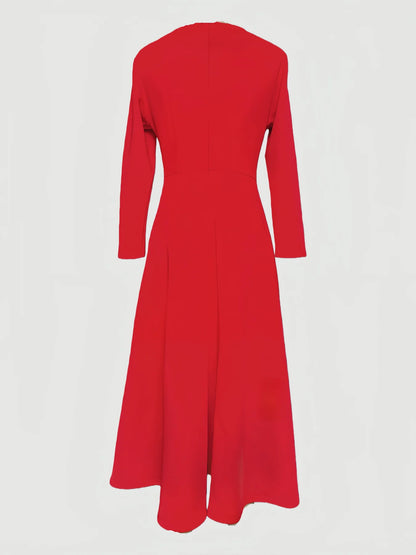 Elegant Simple Red Long Sleeve Dress round Neck Wide Hem for Commuting Parties Casual Vacations Festive Occasions