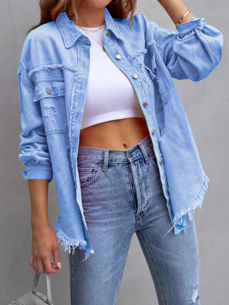Spring Autumn Denim Women's Jacket Rough Selvedge Ripped Loose Fit Long Sleeve Korean Fashion Female Top