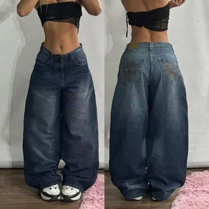 Streetwear New Fashion Red Crown Embroidered Baggy Jeans Women Y2K Gothic Harajuku Hip Hop Popular Casual Joker Couple Jeans