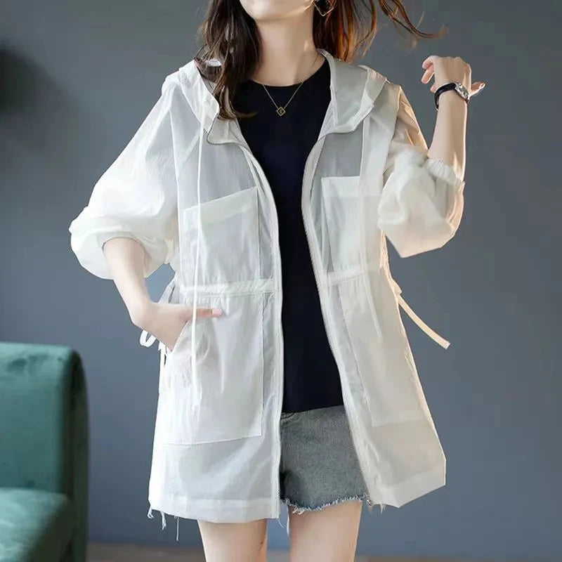 Summer Sunscreen For Women 2025 New Drawstring Waist Mid-length Thin Windbreaker UV Protection Cardigan Lightweight Trench Coat
