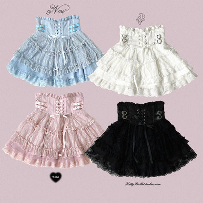 Japanese Original Lolita Lace Ruffle Edge Tied Bow High Waist Mini Skirt Spring Summer New Slim Waist Sweet Girl Y2k Skirt