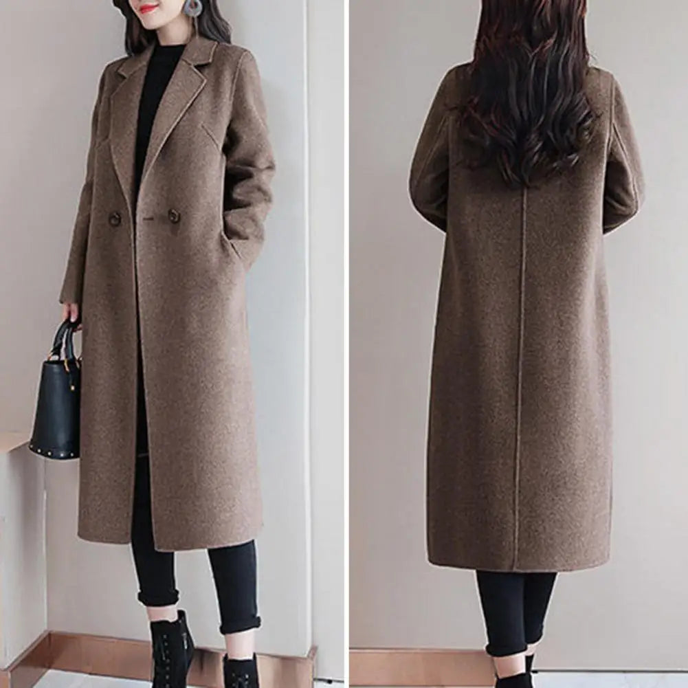 Two Buttons Woolen Coat Stylish Women's Woolen Coat Lapel Long Sleeve Two Buttons Pockets Autumn/winter Mid-length Cardigan