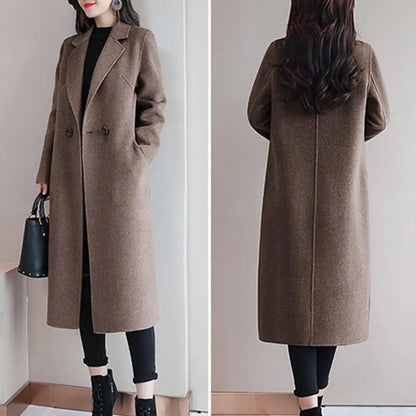 Two Buttons Woolen Coat Stylish Women's Woolen Coat Lapel Long Sleeve Two Buttons Pockets Autumn/winter Mid-length Cardigan