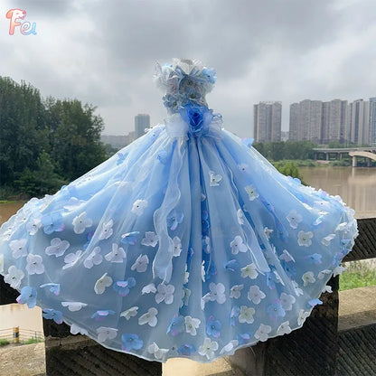 2026 Handmade Blue Puppy Dog Clothing Luxury Embroidery Flower Lace Bow Long Tail Party Dresses For Small Medium Dog Pet Clothes