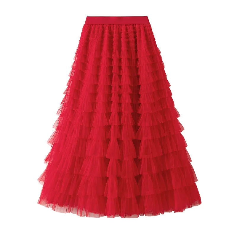 New Arrival 2025 Tulle Cake Long Skirt Women Spring Summer Ruffle Pleated A-Line Chic Skirt Ladies Sweet Black White Tutu Skirts