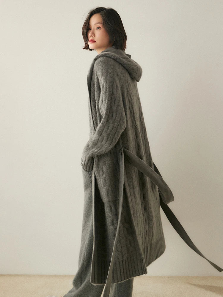 Luxury Women's Autumn Winter 100% Cashmere Sweater Knit Cardigan Thicked Hooded Casual Style Raglan Sleeves Knitted Lace Up Coat