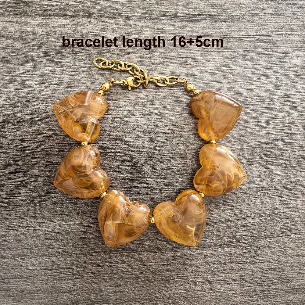 Big Love Heart Necklace Women Choker Statement Bracelet Gold Color Acrylic Beads Stainless Steel PVD Waterproof White Beige Red