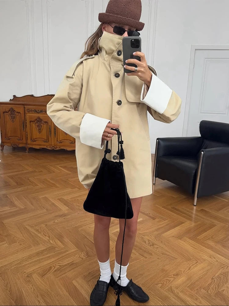 Women Casual Stand Collar Belted Trench Coat Chic Contrast Cuff Single Breasted Loose Windbreaker 2026 Lady Commute Street Coats