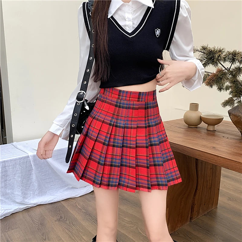Y2K Tennis Mini Skirt Women Green Red Plaid Thick Wool High Waist Pleated Skirt Student Preppy Style Outfit Christmas