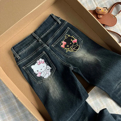 American Hello Kittys Jeans Y2K Women Cartoon Embroidery Denim Pant High Waist Wide Legs Spring Fall Casual Streetwear Trousers