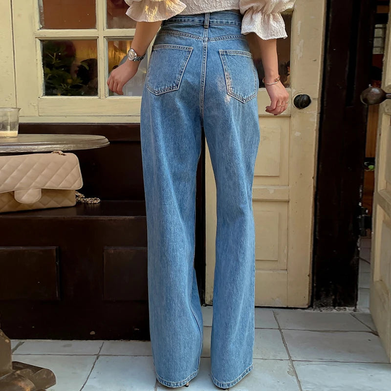 Retro High Waist Wide Leg Jeans Women's Autumn Long Pants Asymmetrical Design Versatile Chic Vintage Sle Ladies Denim Trousers