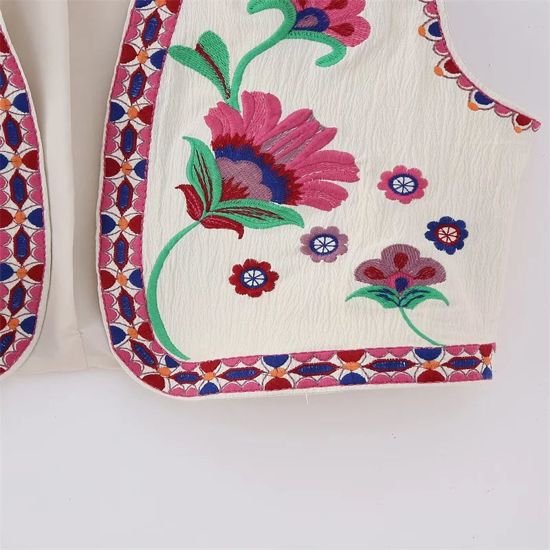 Women's Vintage Floral Embroidered Open Waist Coat Casual Vacation Crop Top National Style Vest Jacket for Ladies