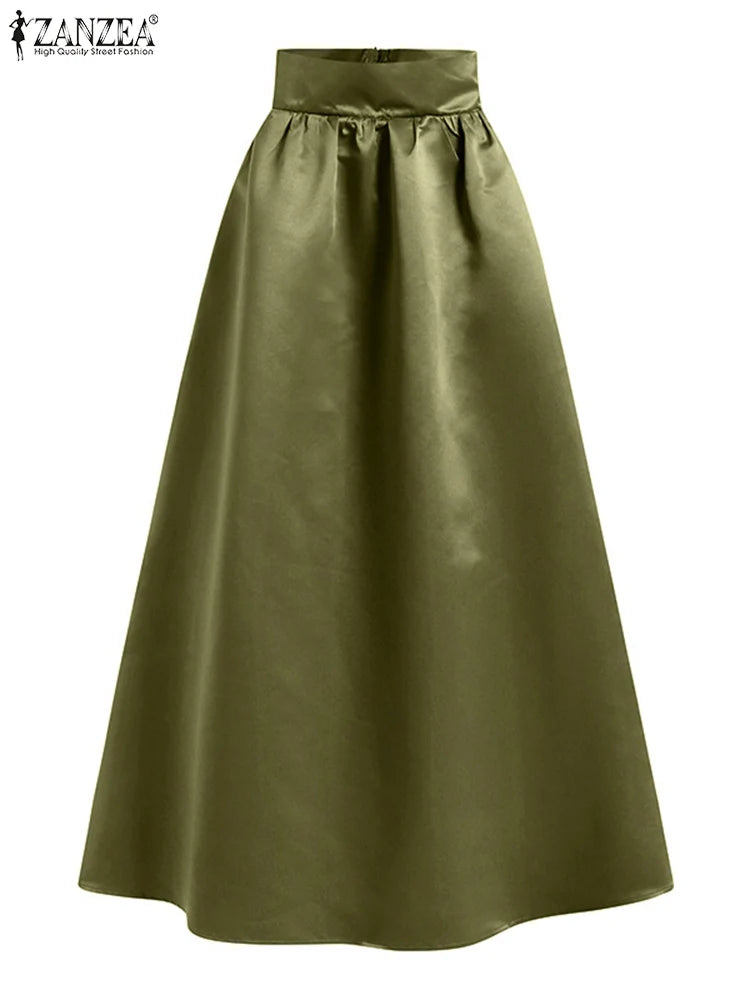 ZANZEA Summer Elegant High Waist Solid A-line Maxi Skirt Fashion Women Party Long Skirts Casual Jupe OL Work Satin Faldas Saia