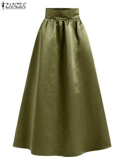ZANZEA Summer Elegant High Waist Solid A-line Maxi Skirt Fashion Women Party Long Skirts Casual Jupe OL Work Satin Faldas Saia
