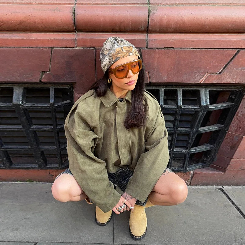 Casual Women's Suede Short Jacket Green Loose Lapel Long Sleeve Zipper Thick Coat 2025 Spring Lady High Street New in Outwears