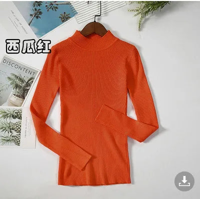 2026 Autumn Basic Bottoming Sweater Top Women Ribbed Soft Mock Neck Elastic Pullover Warm Solid Color Slim Jumper