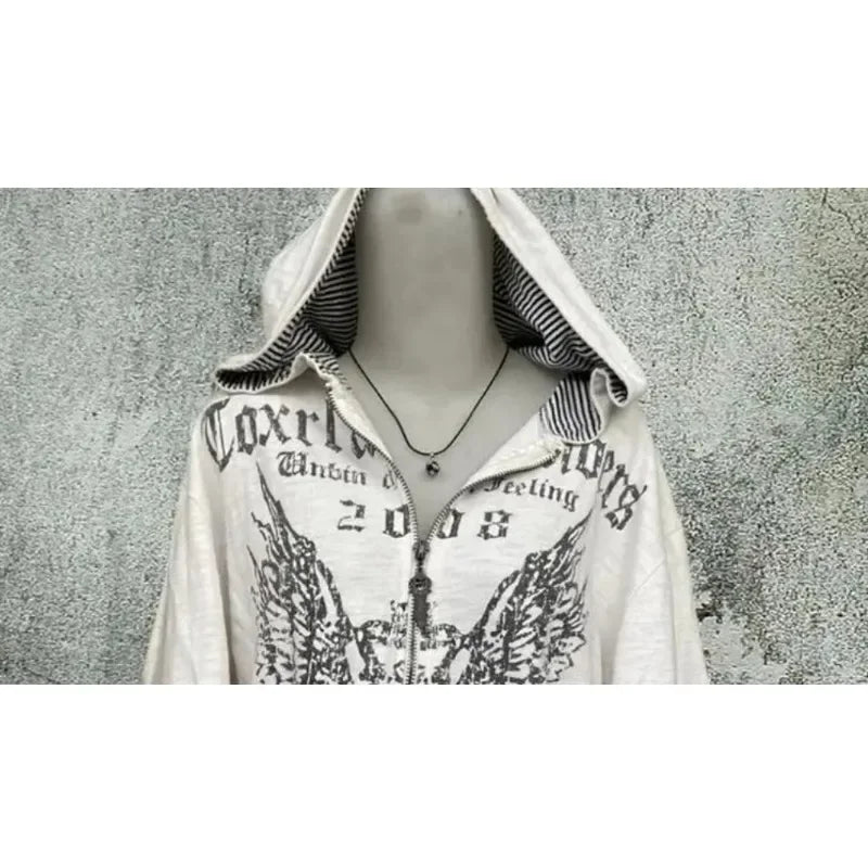Vintage Sweatshirts 2024 Women's Clothes White Print Tunic Hooded Y2k Coat Streetwear Fashion Casual Hoodies Tops Ropa Mujer