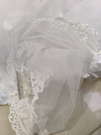 1 Tier Mantilla Wedding Veil With Comb Full Lace Edge Long Scalloped Floral Elegant Bridal Veils White Ivory Fingertip 2m 3m 4m