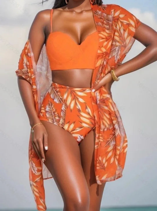 Elegant Printing 3 Piece Bikini Set Women Swimsuit Vintage High Waist Bikini Mesh Cover Up 2025 New Bathing Suit Biquini Female