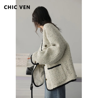 CHIC VEN Fashion Women's Wool Coat Single Breasted Vintage Jacket V-Neck Office Lady Overcoat Female Tops Spring Autumn 2023