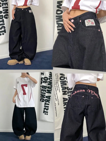 High Waist Straight Leg Bla Denim Jeans Women's Retro American Design kets Loose Fit Long Pants Slimming Effect
