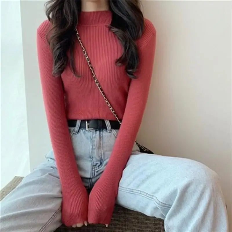 2026 Autumn Basic Bottoming Sweater Top Women Ribbed Soft Mock Neck Elastic Pullover Warm Solid Color Slim Jumper