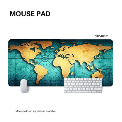 Mouse Pad World Map Mouse Pad Laptop Keyboard Men's Retro Office Large Desk Pad Home Custom Game Practical 90x40cm Accessories