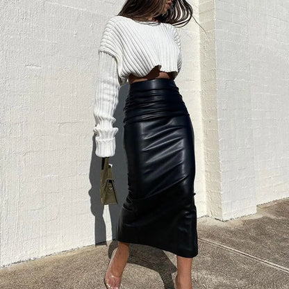 Women's Faux Leather Skirt Hip Wrapped Skirt Elegant High Waist Slim Fit Hip Office Lady Midi Skirts A-Line Fashion Casual Skirt