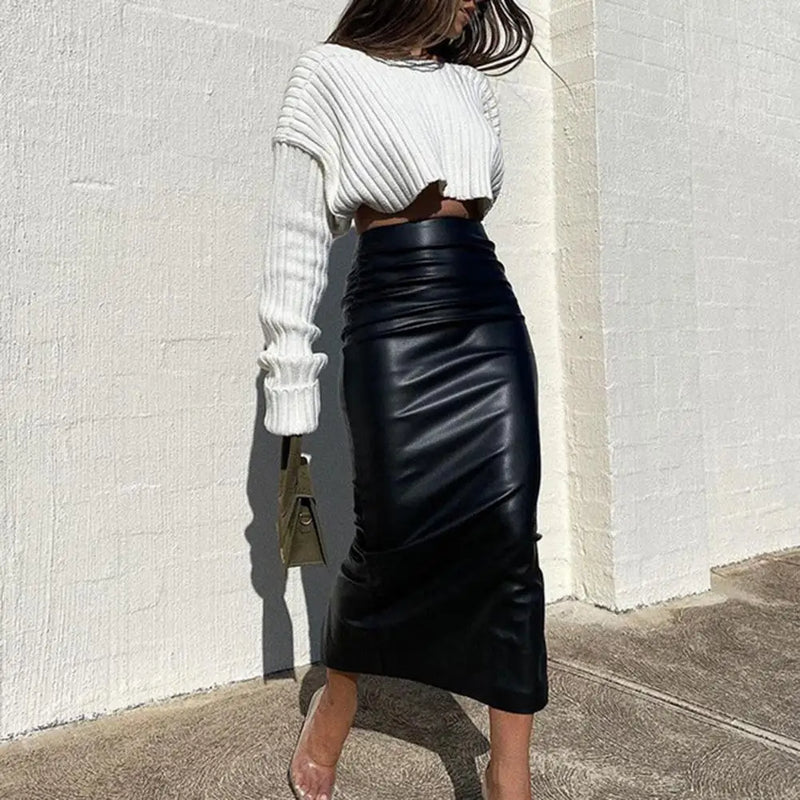 Women's Faux Leather Skirt Hip Wrapped Skirt Elegant High Waist Slim Fit Hip Office Lady Midi Skirts A-Line Fashion Casual Skirt