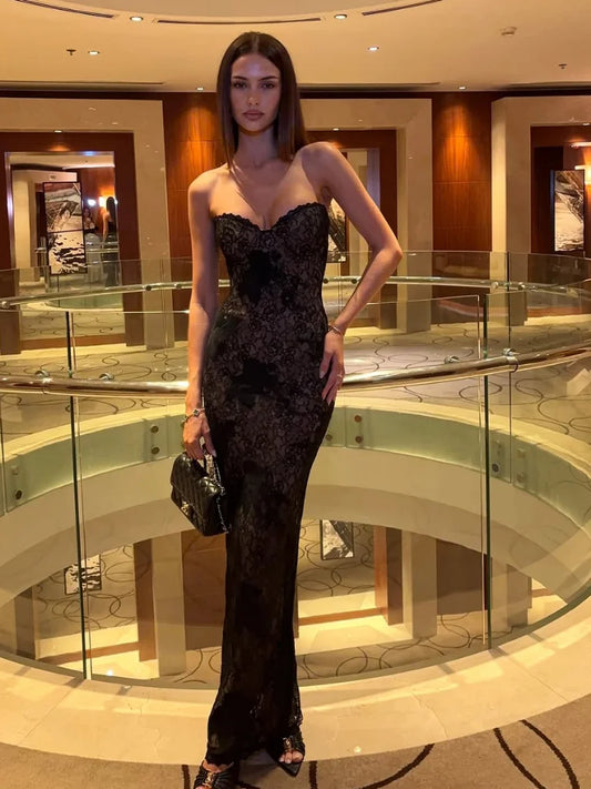Sexy Lace Patchwork Strapless Dress Women Sleeveless Off-shoulder Backless Waist Cinching Slim Dresses Lady Evening Party Gowns