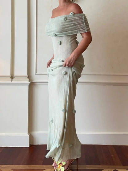 Chic 3D Flower Sleeveless Slim Maxi Dress Elegant Off Shoulder Knitted Long Dresses for Women 2025 Spring New Evening Party Robe