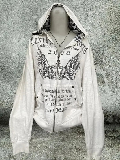 Vintage Sweatshirts 2024 Women's Clothes White Print Tunic Hooded Y2k Coat Streetwear Fashion Casual Hoodies Tops Ropa Mujer