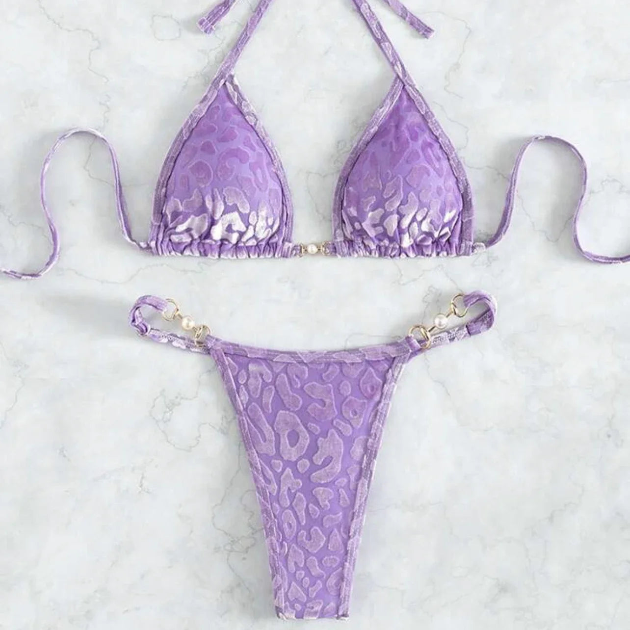Sexy Leopard Velvet Bikini Mini Micro Thong Bikinis Women Swimwear Female Swimsuit Two-piece Bikini Set Halter Bathing Suit Swim