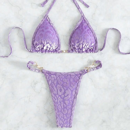 Sexy Leopard Velvet Bikini Mini Micro Thong Bikinis Women Swimwear Female Swimsuit Two-piece Bikini Set Halter Bathing Suit Swim