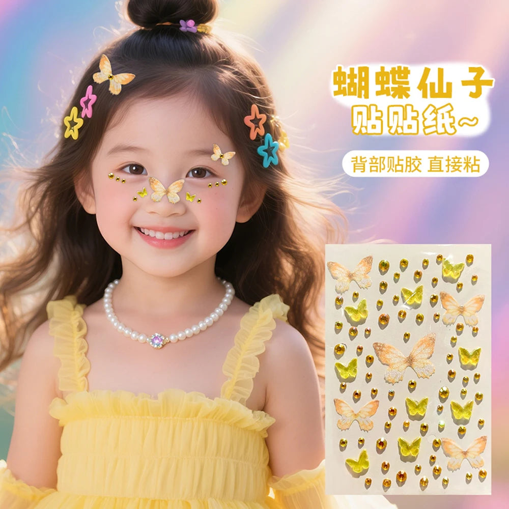 1/3/5 Sheets Kawaii Children's Butterfly Face Stickers Self-adhesive Pink/Green Elf Rhinestone Resin Butterfly Decals For Makeup