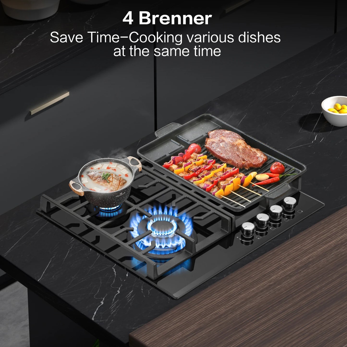 60cm Built-in Gas Hob 4 Burner | Flame Failure Protection & Cast Iron Grates | Black Glass Dual Fuel (NG/LPG)
