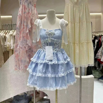 Summer Japanese Style Kawaii Lolita Dress Women Vintage Sweet Lace Bow Ruffles Cake Dresses Harajuku Y2k Slim Bandage Dress
