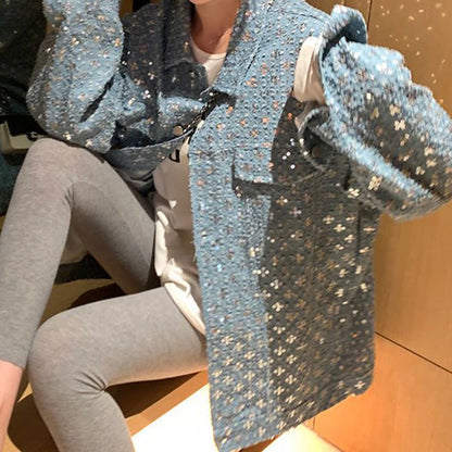 Blue sequined embroidered small fragrance jacket women's autumn and winter new jeans fashion design sense niche jacket