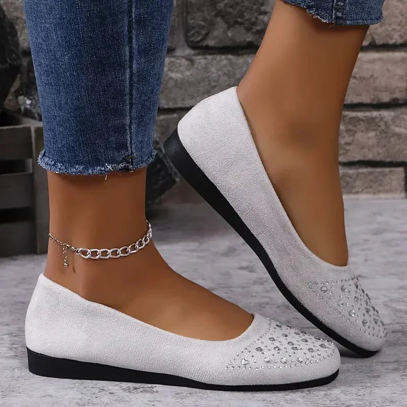 Women Flats Shiny Crystal Shallow Loafers Women Lightweight Non-Slip Ballet Flats Luxury Flock Soft Sole Walking Shoes for Women