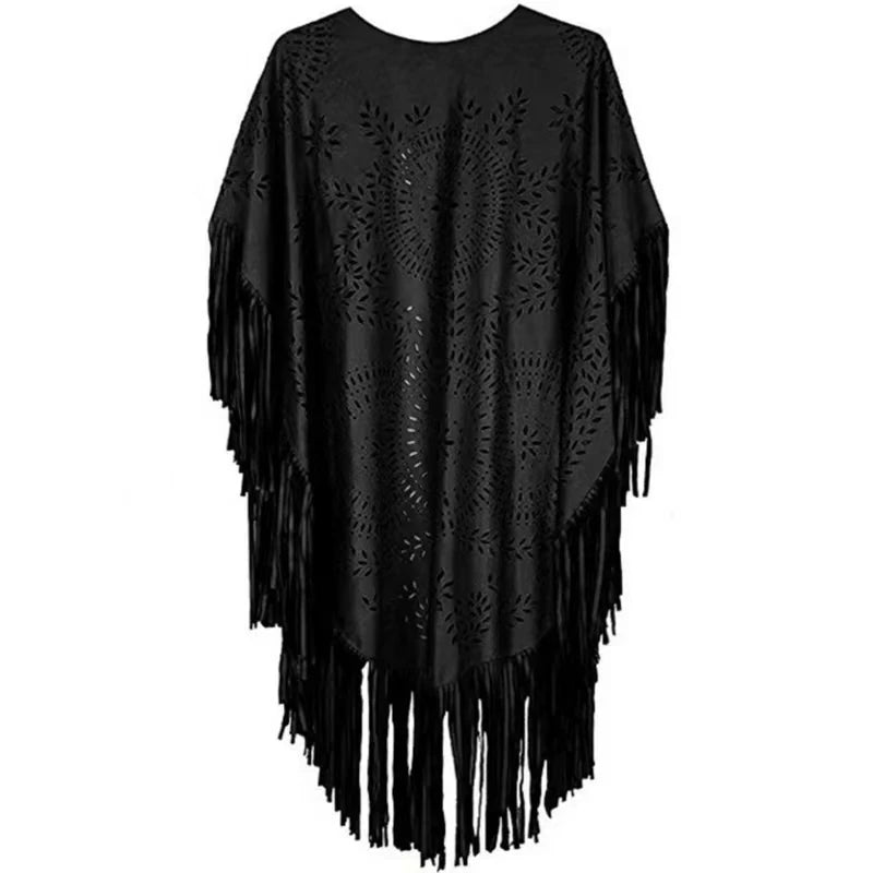 Women's Tassels Sleeveless Vest Hippie Faux Suede Fringe Jackets Cardigan Summer Hollow Waistcoat Outwear Tops