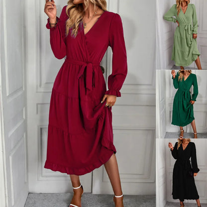 Women's Long Puff Sleeve V Neck Casual Dress Autumn New Fashion Long Sleeve Dress Elegant Fashion Spring Summer Streetwear