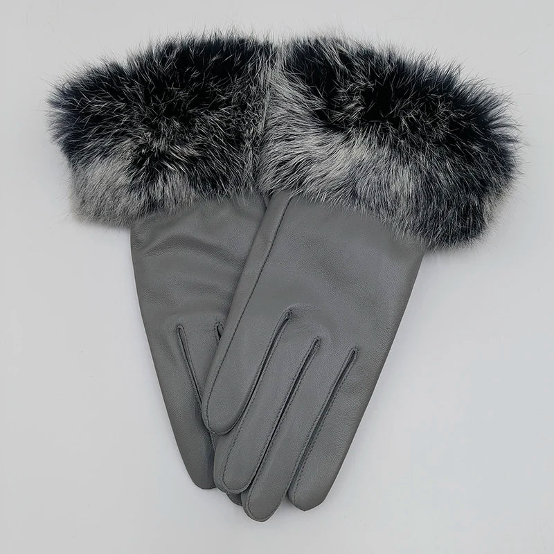 2025 Women Winter Warm Genuine Sheep Leather Glove With Real Fur Trimming Female Warm Real Leather Fur High Quality Mittens
